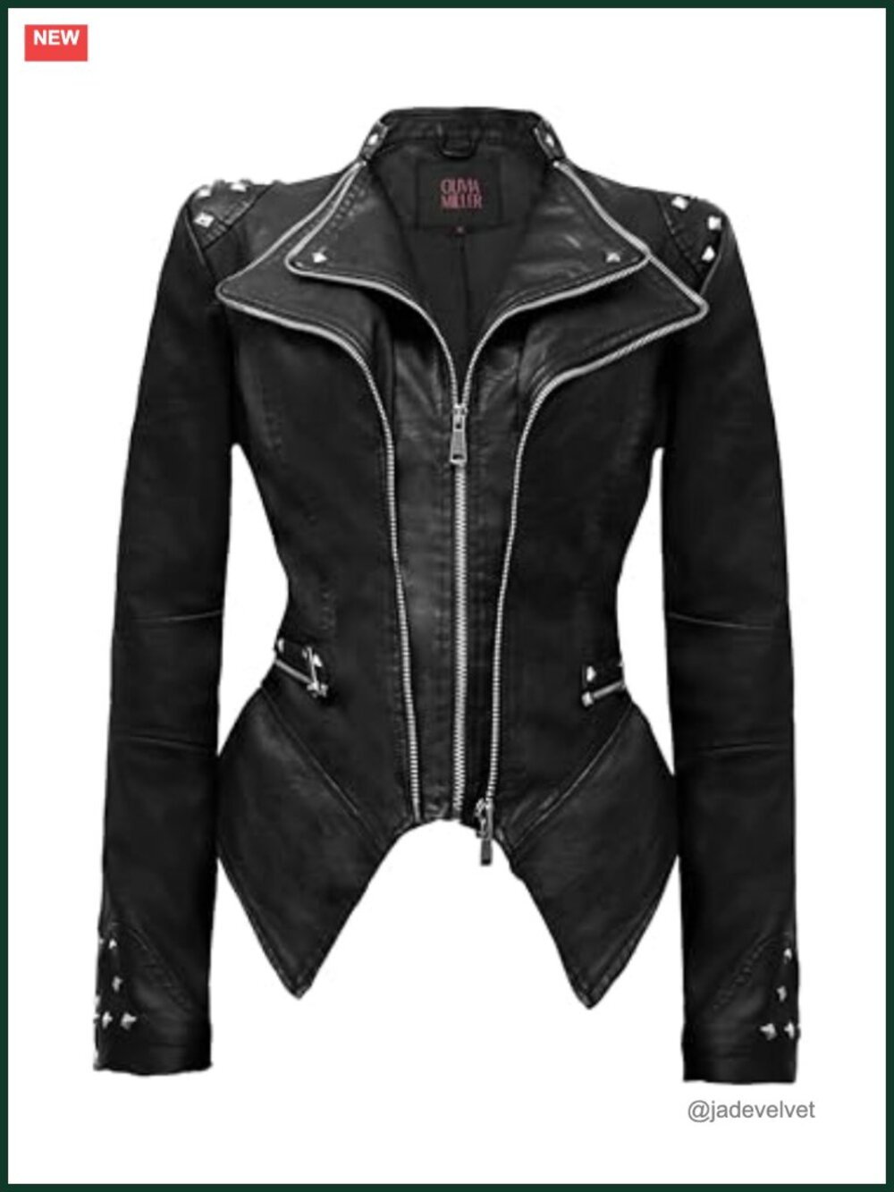 Faux Leather Moto Biker Jacket Rivet Lapel Swallow Tail Hem Zip